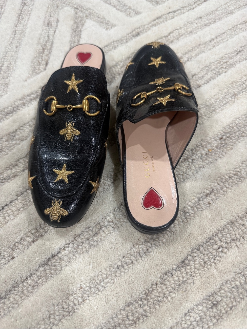 Gucci Black Leather Bee & Star Embroidered Horsebit Slip-On Mules